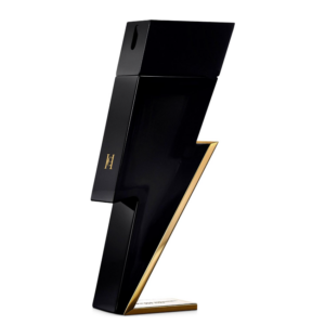 Sleek black and gold modern perfume bottle shaped like a lightning bolt.