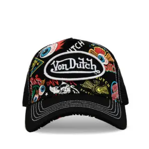 Black Von Dutch cap with colorful patches and white stitching.