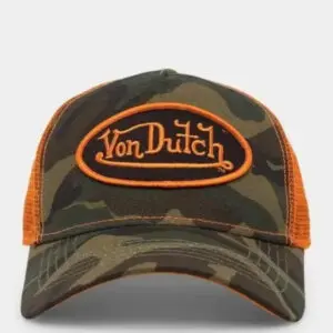 Camouflage Von Dutch baseball cap with orange mesh back and logo.