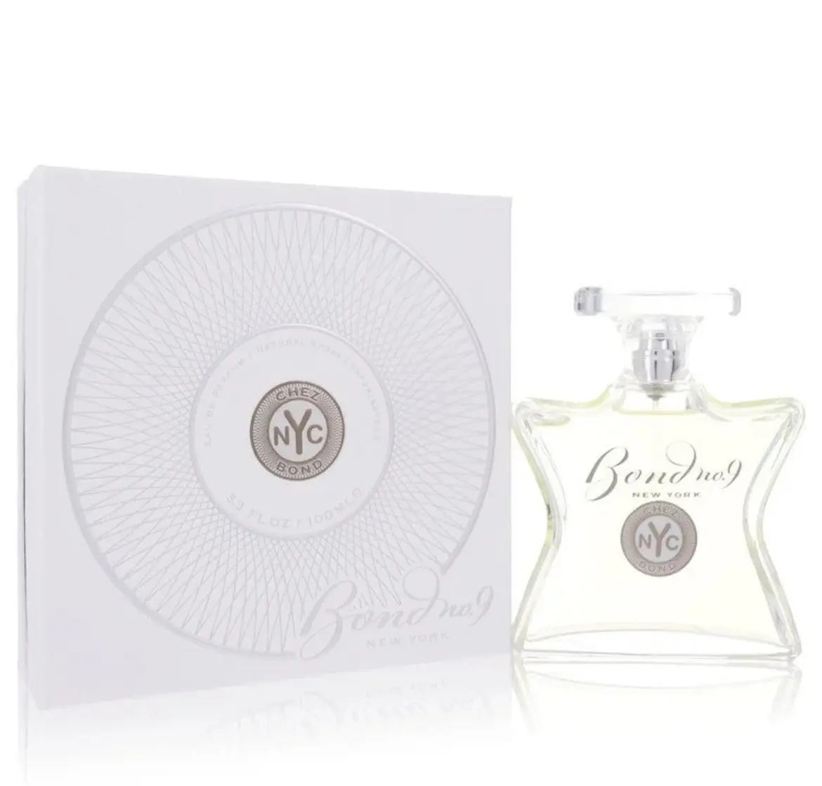 Elegant white perfume bottle with matching box and clear cap.