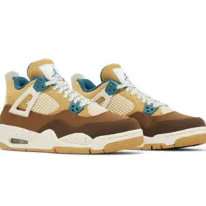 Brown and beige sneakers with blue accents on a white background.