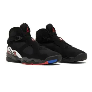 Black high-top sneakers with red, blue, and metallic silver accents.