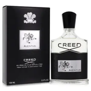 A bottle and box of Creed Aventus perfume.