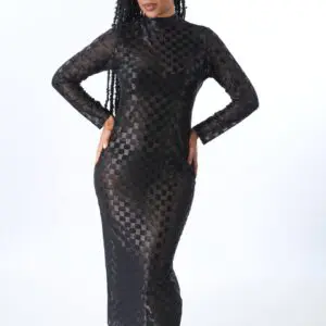 Elegant black long-sleeve mesh dress with geometric patterns.
