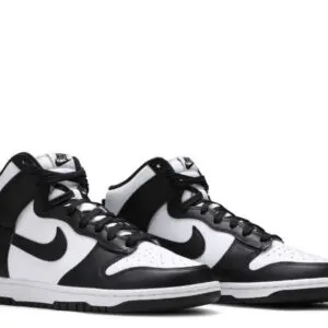 Pair of black and white high-top sneakers with laces.