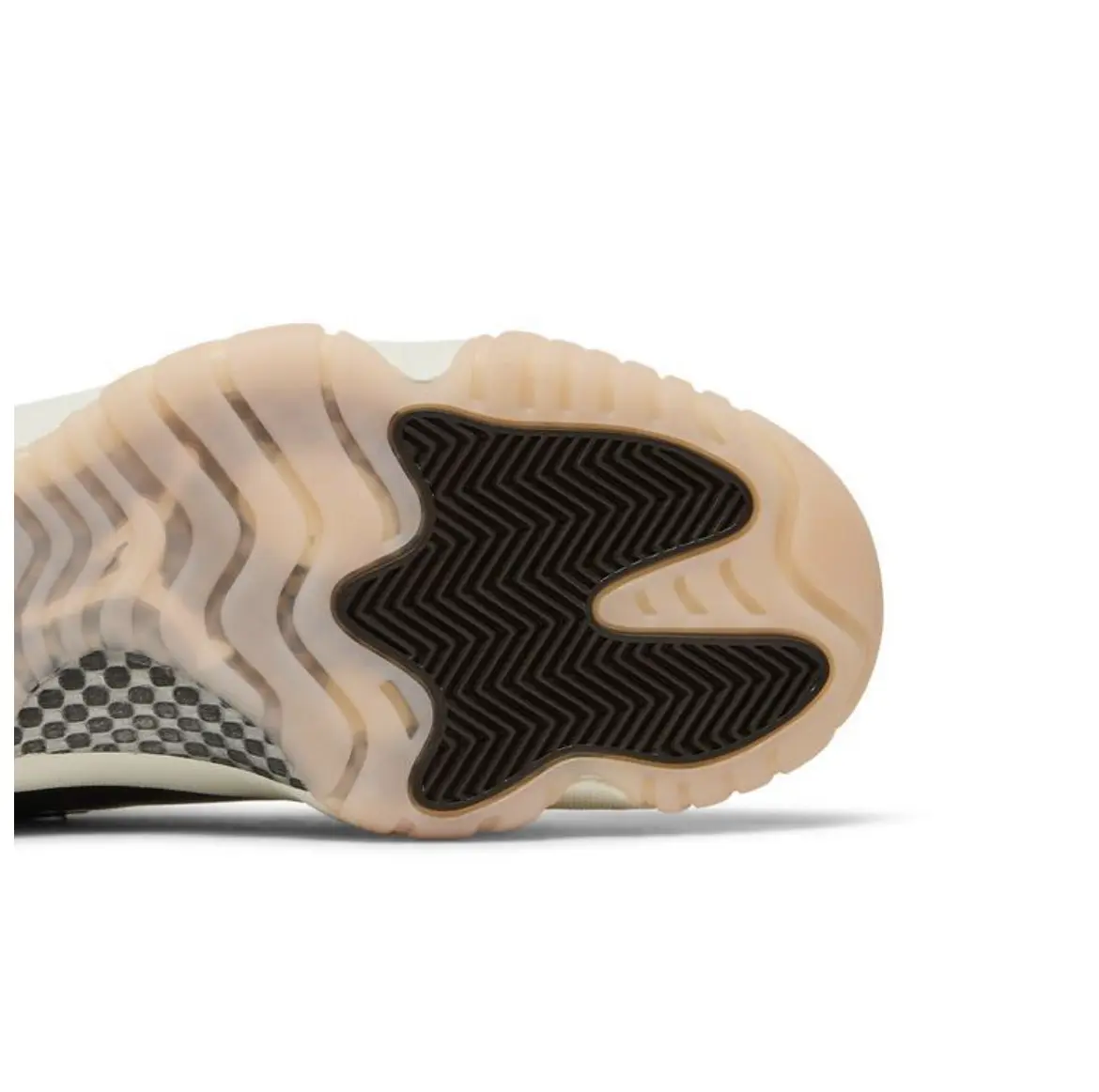 Close-up of a shoe sole with textured grip patterns.