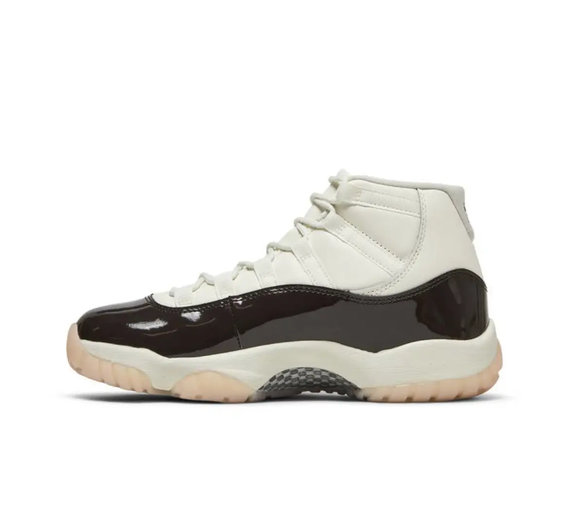 White and black high-top sneaker with a gum sole.