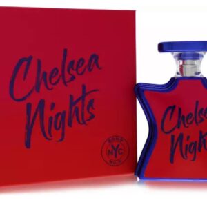 Chelsea Nights perfume bottle and red box with blue lettering.
