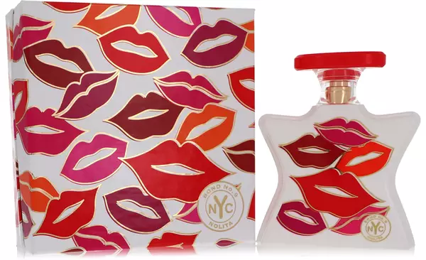 A perfume bottle and packaging decorated with colorful lip prints.
