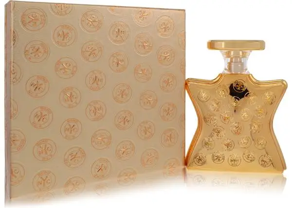 Elegant golden perfume bottle with matching box.