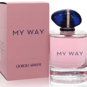 Pink bottle of Giorgio Armani's My Way perfume beside its box.