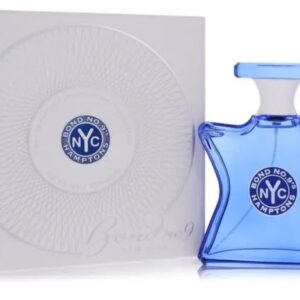 Blue NYC perfume bottle with elegant white packaging.