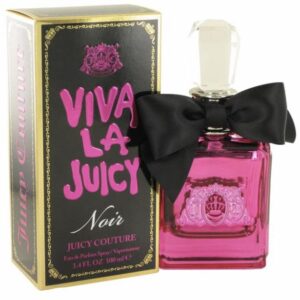 Bottle and box of Viva La Juicy Noir perfume by Juicy Couture.